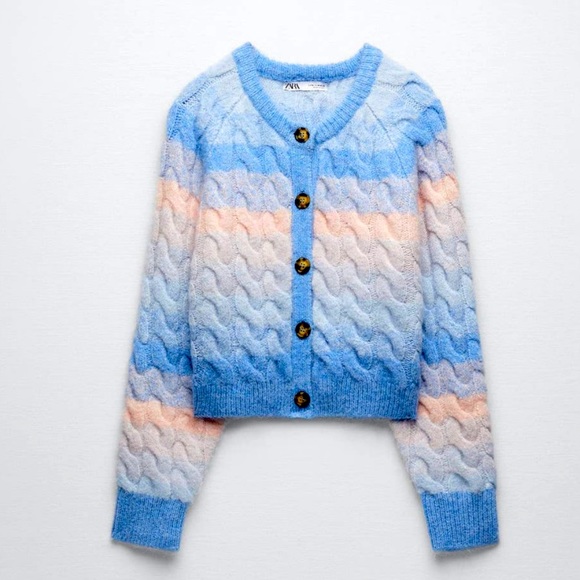 Zara Sweaters - Zara Ombre Cable Knit Button Front Cardigan in Blue Pink